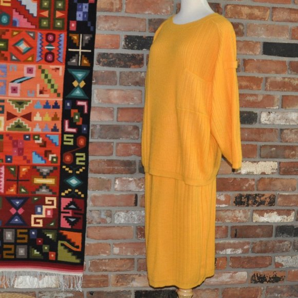 2 Piece Vintage 80s Yellow Shaker Knit Sweater & Skirt Set Outfit Oversized M-L - Picture 4 of 8